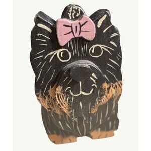 Hand-Painted Wooden Yorkshire TerrierDog Figurine With Pink Bow